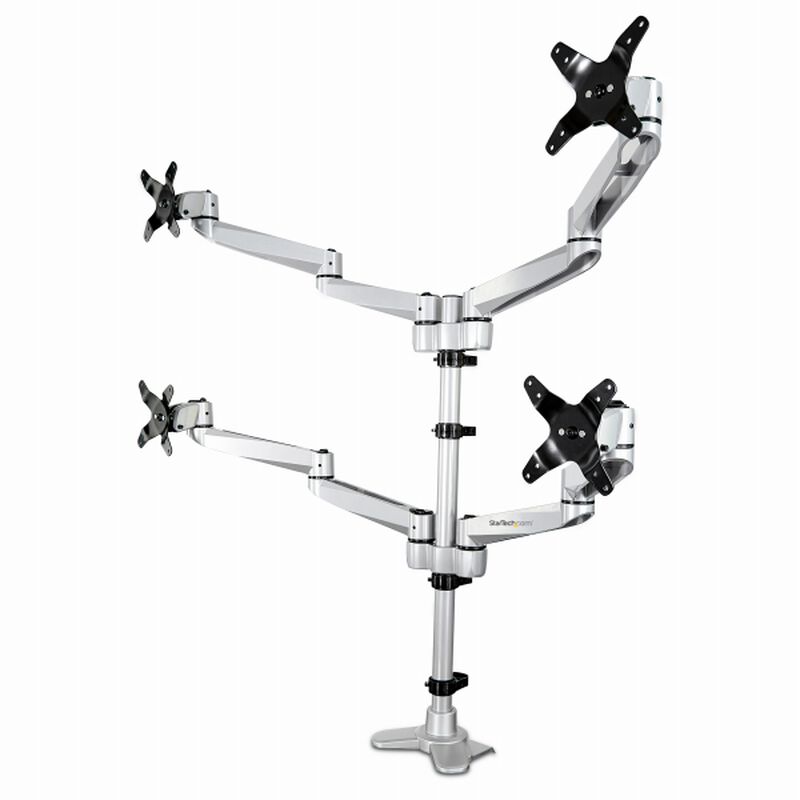 4面液晶モニターアーム 水平可動式3関節アーム アルミ製 クランプ/グロメット固定 VESA規格27インチモニタ対応 ARMQUADPS