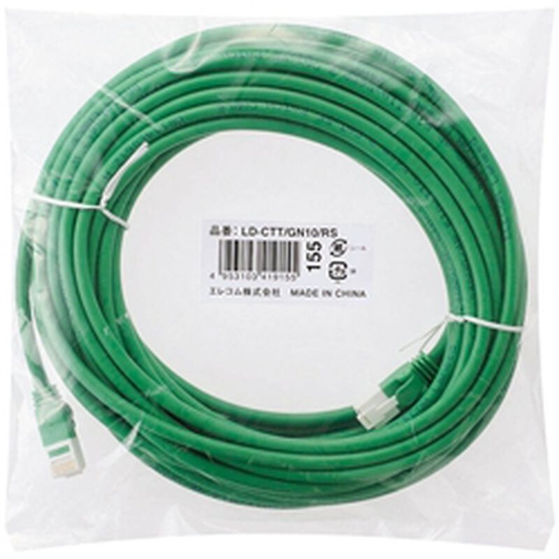 EU RoHS指令準拠 ツメ折れ防止LANケーブル(Cat5E)/10.0m/簡易パッケージ仕様/グリーン LD-CTT/GN10/RS